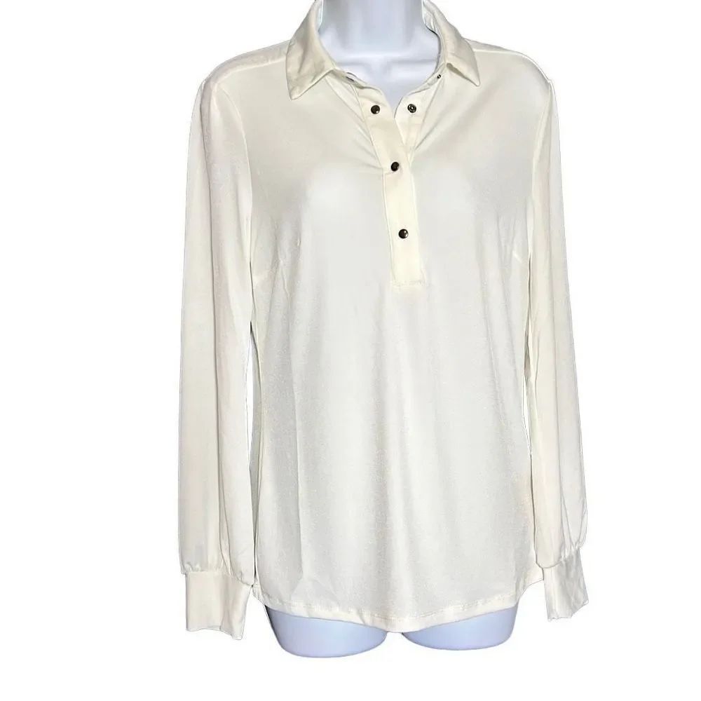 Badgley Mischka Women's Long Sleeve Blouse Top Collared Casual Ivory Size XS NWT